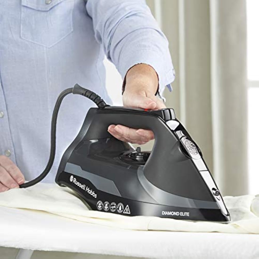 Russell Hobbs Diamond Elite Steam Iron, Black Diamond soleplate, 220g Steam Shot, 50g Continuous steam, 350ml Water Tank, Anti-calc & Anti-drip function, Vertical Steam, 3m Cord, 3100W, 27000