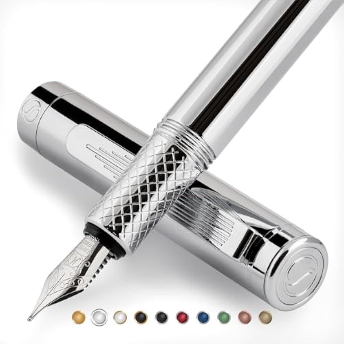 Scriveiner Silver Chrome Fountain Pen (Medium), Award Winning Luxury Pen, Heavy Pocket Pen, Chrome Finish, Schmidt Nib, Converter, Best EDC Writing Pen Gift Set for Men & Women, Nice Office Fancy Pen