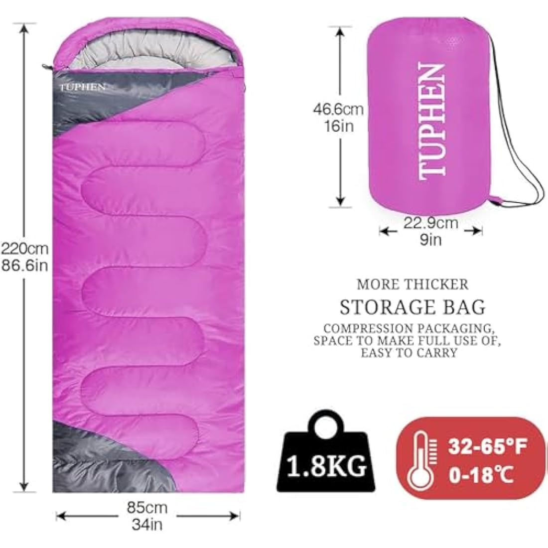 tuphen - XL Sleeping Bags: 3-4 Seasons Warm Cold Weather - Camping Sleeping Bag for Hiking Backpacking - Packable Travel Gear Summer Winter - Adults Kids Girls Boys, Light Purple Grey
