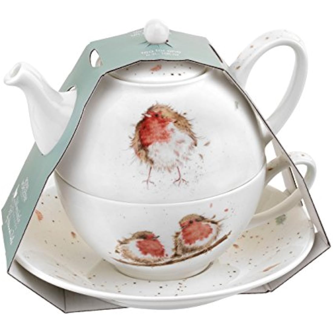Portmeirion Home & Gifts Wrendale Tea for One with Saucer (Robins), Bone China, Multi Coloured, 16.5 x 16.5 x 15 cm