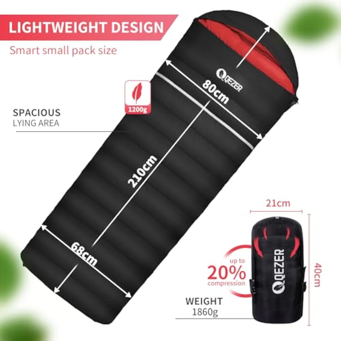 QEZER Down Sleeping Bag,Lightweight Rectangular Winter Sleeping Bag [1180g/1860g] for Adults and Kids 4 Season Camping, Hiking,Warehouse and Moutaineering Outdoor