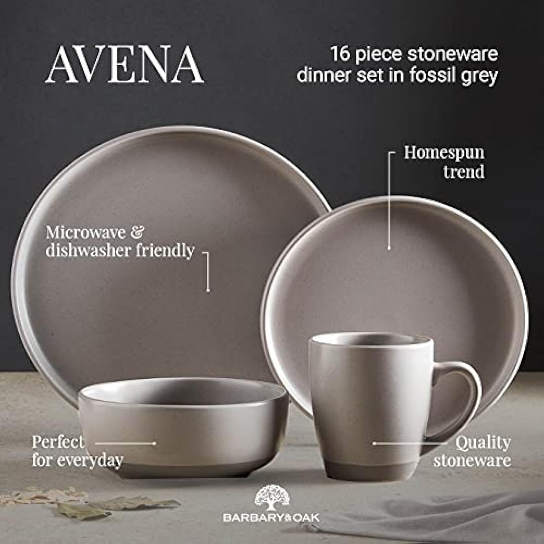 Barbary & Oak BO867007GRY Avena 16 Piece Dinnerware Set, Stoneware, Fossil Grey