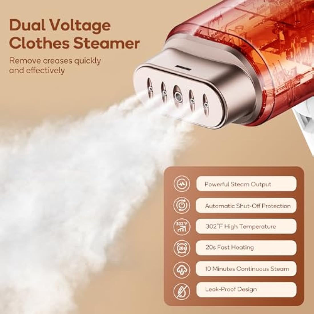 Newbealer Dual Voltage Travel Clothes Steamer - 220V/120V, 1200W Portable Garment Steamer with 180ml Detachable Water Tank, Horizontal & Vertical Steaming, Auto-Off, 20s Fast Heat Up, Gold