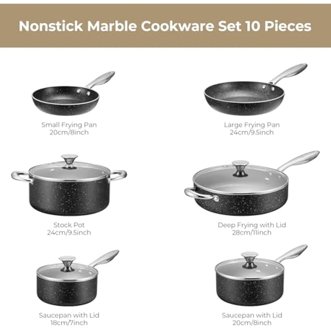 Nonstick Pots and Pans Set 10pcs, Induction hob Pan Set, Induction Compatible, Large Capacity Kitchen Cooking Pans