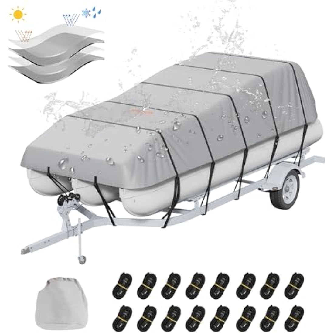 VEVOR Pontoon Boat Cover, 19'-20' Waterproof Trailerable Pontoon Cover, 800D Marine Grade PU Oxford Fabric, with Motor Cover, 16 Windproof Buckle Straps, Fits for 19'-20'L, Beam Width to 96", Grey