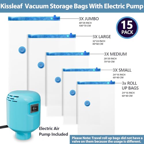 Kissleaf Vacuum Storage Bags 15-Pack Vacuum Bags with Electric Pump 30 Seconds Fast Compression Durable Dustproof Waterproof Vaccine Storage Bags