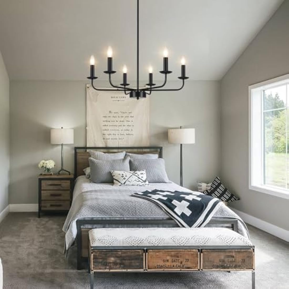 QAREHL Chandeliers Ceiling Light, 6 Arms Black Chandelier Light Pendant Light Fitting Ceilings Living Room, Rustic Bedroom Lighting Fittings, Dining Room Lights Ceiling Over Table, E14 Socket