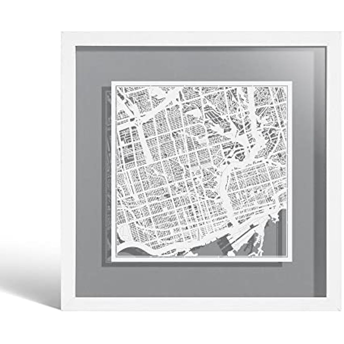 O3 DESIGN STUDIO Toronto Paper Cut Map framed, White map, White frame, 9x9 inches, Gift Boxed, 4 background color, self-changing, Paper Art