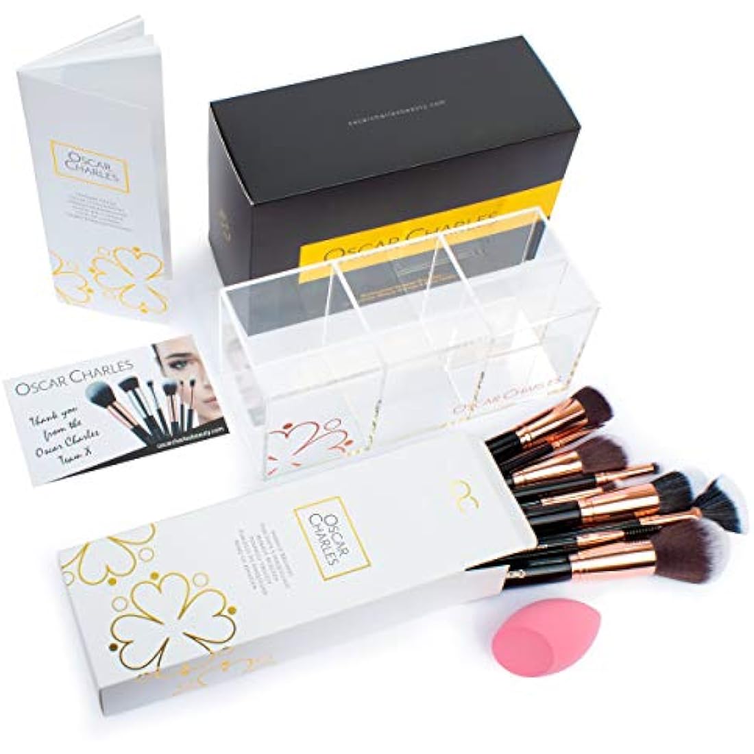 Oscar Charles Make up Brushes Set: 12 Makeup Brushes Professional Grade Fibres Including Brush Holder and Product Guide - Rose Gold