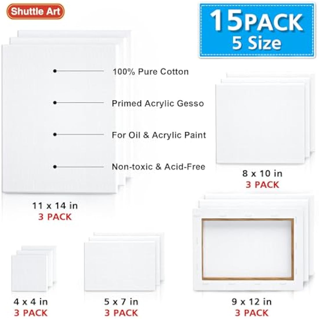 Shuttle Art Canvas for Painting, 15 Multi Pack Stretched Blank Canvas Boards, 4x4, 5x7, 8x10, 9x12, 11x14 Inches (3 of Each), Primed White Painting Canvas, Canvases for Acrylic, Oil Painting