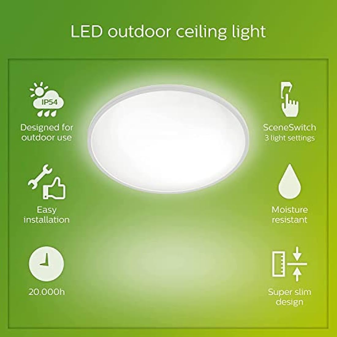 Philips LED Superslim Outdoor Ceiling Light 15W [Cool White - White] Water Resistant IP54, for Garden, Patio and Terrace Lighting.