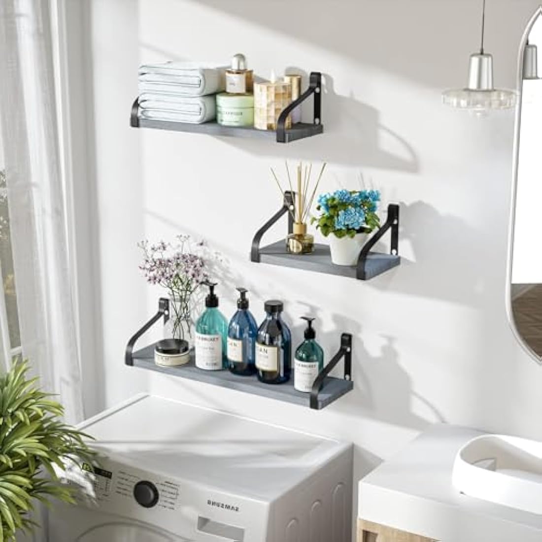 Love-KANKEI Rustic Shelves, Decorative Wall Shelf Set of 3, Floating Shelves for Bathroom, Bedroom, Living Room,Kitchen, Office and More, Weathered Grey