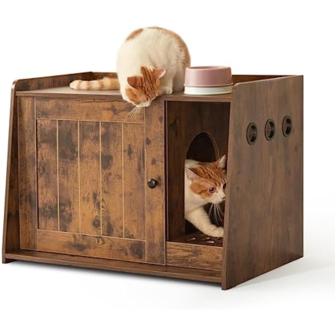 Mondeer Cat Litter Box Enclosure, Wooden Kitty Hidden Washroom Toilet with Door and Holes, Industrial Indoor Cat Houses for Living Room Bedroom Hallway, Rustic Brown