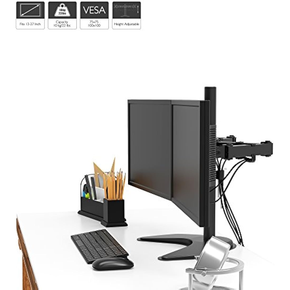 BONTEC Double Twin Arm Desk Mount for 13-27 inch LCD LED Monitor Screens, Ergonomic Tilt, Swivel & Rotate Dual Monitor Stand, VESA Dimensions: 75x75-100x100mm