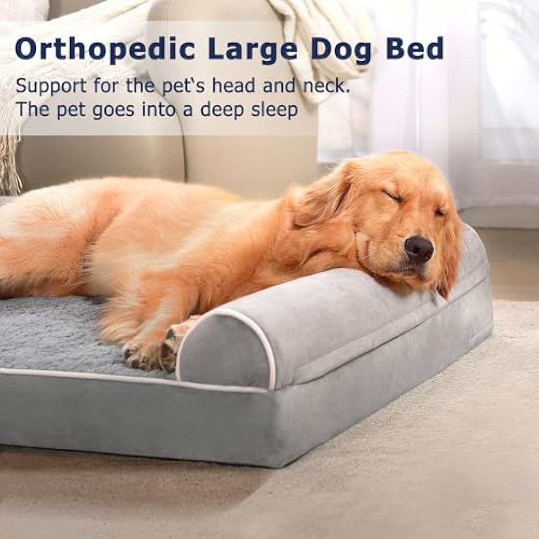 WESTERN HOME Dog Beds Large Washable,Soft Orthopedic Extra Large Waterproof Dog Beds with Removable Washable Cover,with U-Shape Bolster Grey,71 x 58 x 16.5 cm