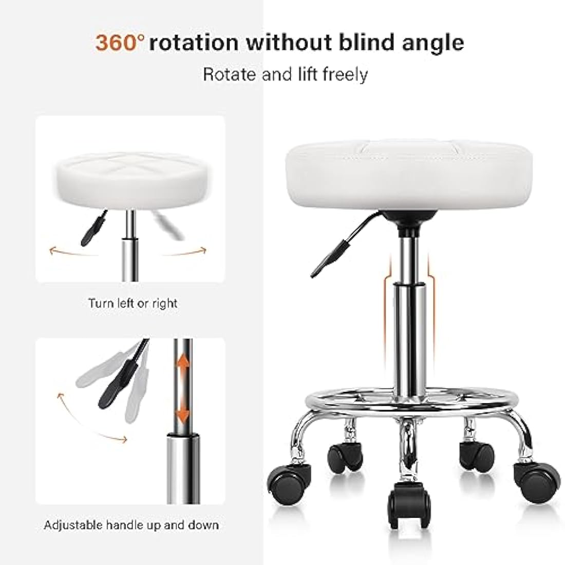 KKTONER Round Rolling Stool Chair PU Leather Height Adjustable Swivel Drafting Work SPA Shop Salon Stools with Wheels Office Chair Small (White)