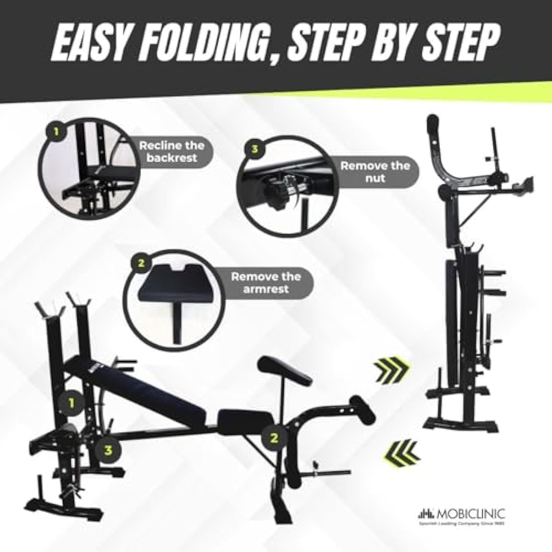 Mobiclinic® Fitness Gym Bench Multi-Function Pressfit, Adjustable, Foldable, Steel, Supports Up to 250 kg, Bar Support, Ideal for Strength Exercises at Home