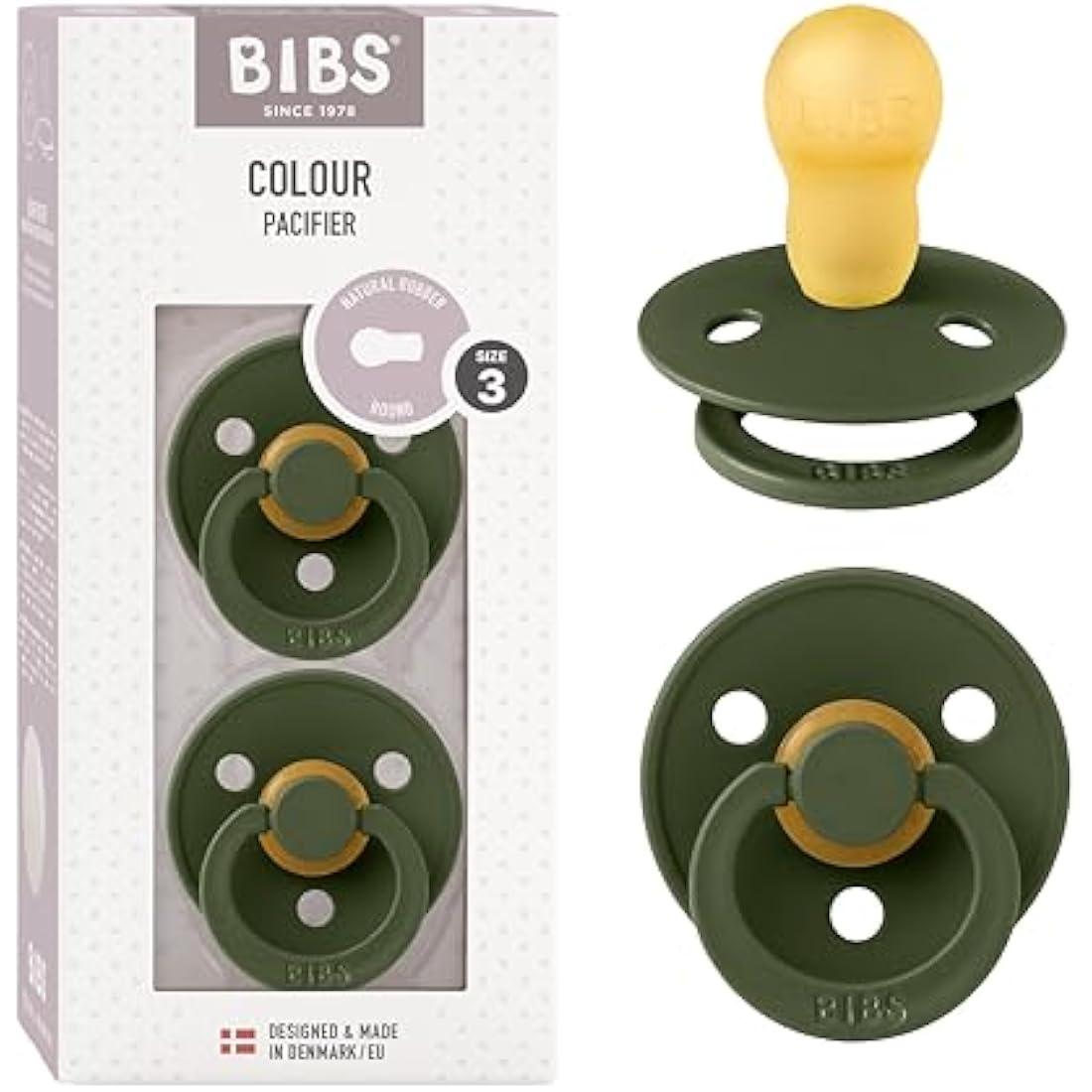 BIBS Colour Soother 2-Pack, BPA Free Dummy Pacifier, Round Nipple. Natural Rubber Latex, Made in Denmark, Size 3 (18+ Months), Hunter Green
