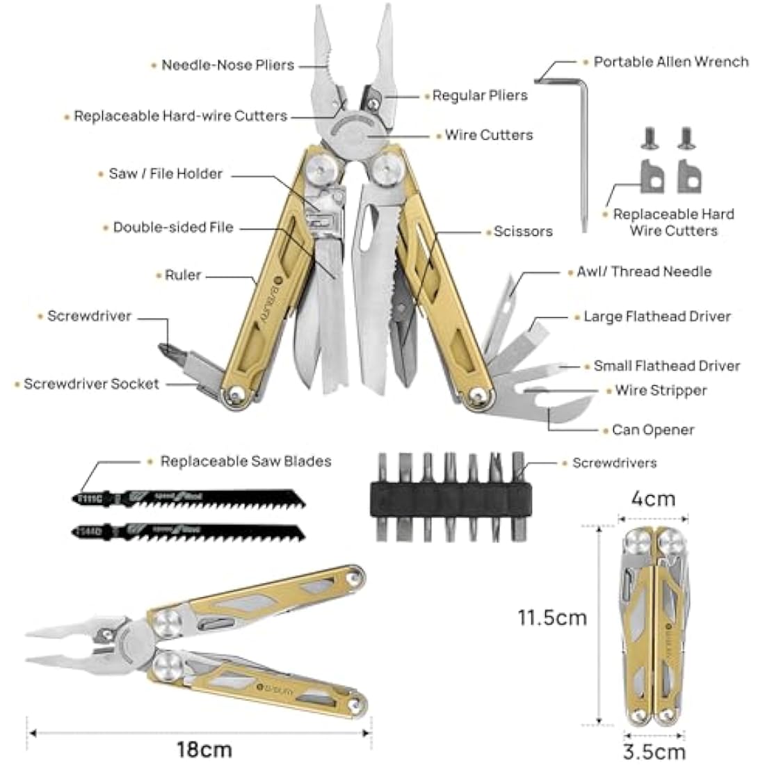 BIBURY Multitools, Multi Tool Foldable Pliers with Upgraded Scissors and Screwdriver Set, Stainless Steel Multitools, Ideal for Camping, Outdoor, Repairing -Gift for Dad Men -Titanium Plating Gold Pro