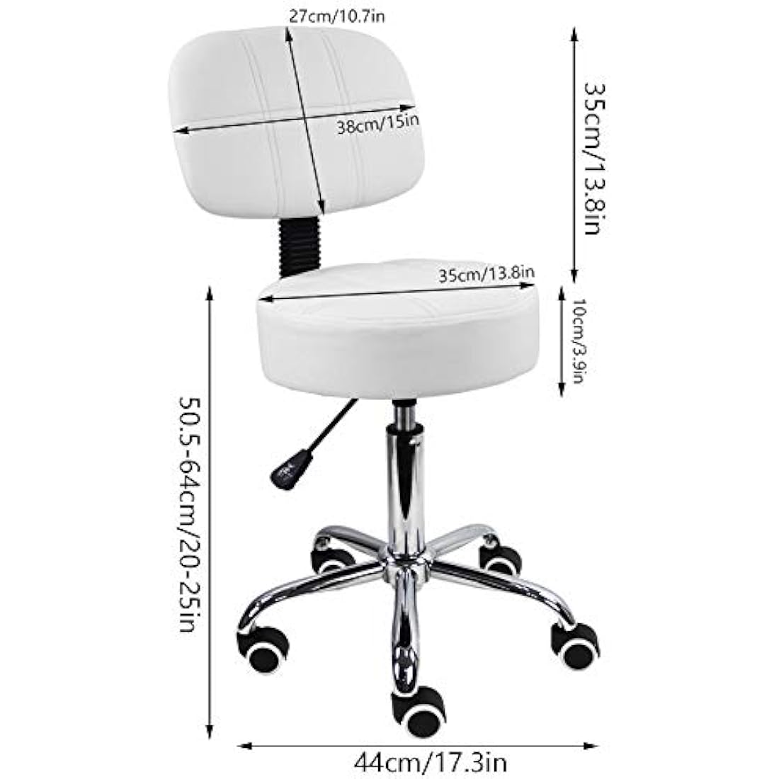 KKTONER Round Rolling Stool with Back PU Leather Height Adjustable Swivel Drafting Work SPA Salon Stools Chair with Wheels (White)