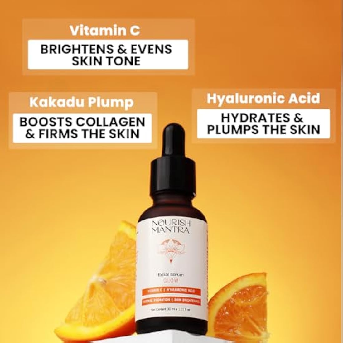 Nourish Mantra Glow Facial Serum, Vitamin C and Hyaluronic Acid, Skin Brightening, 30ml