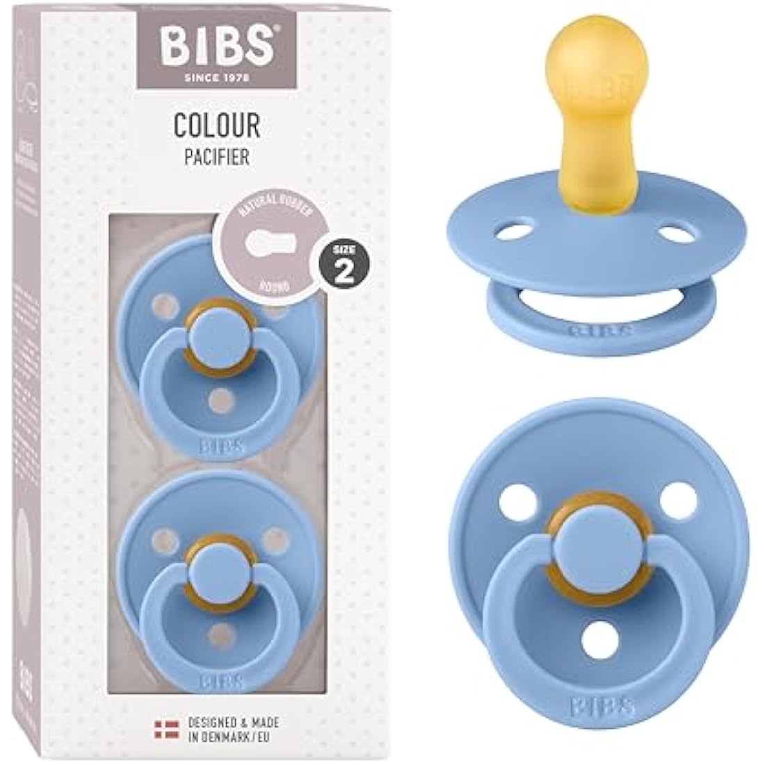 BIBS Colour Soother 2-Pack, BPA Free Dummy Pacifier, Round Nipple. Natural Rubber Latex, Made in Denmark, Size 2 (6-18 Months), Sky Blue
