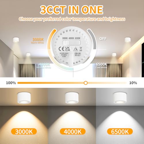 GeyouLux Dimmable LED Adjustable Projection Spotlight, 5 W Ceiling Spotlights, Diameter 80 x 50 mm, 3000 K/4000 K/6500 K, 30 Rotation Bathroom