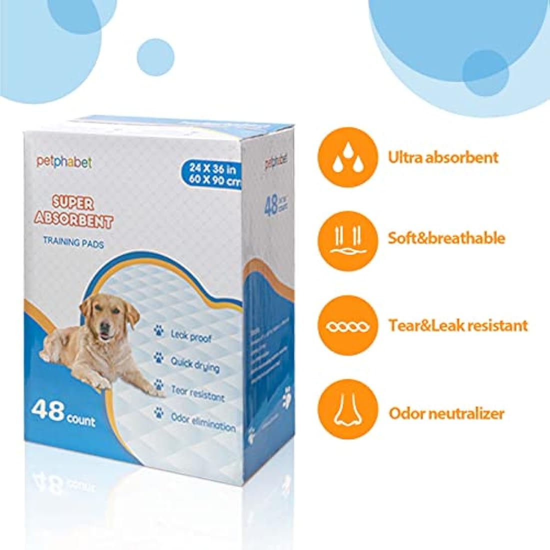 petphabet large puppy pads 60x90cm super absorbent XXL dog training pads pet Puppy Pads pee pads 48 counts (24 * 36 Inches)