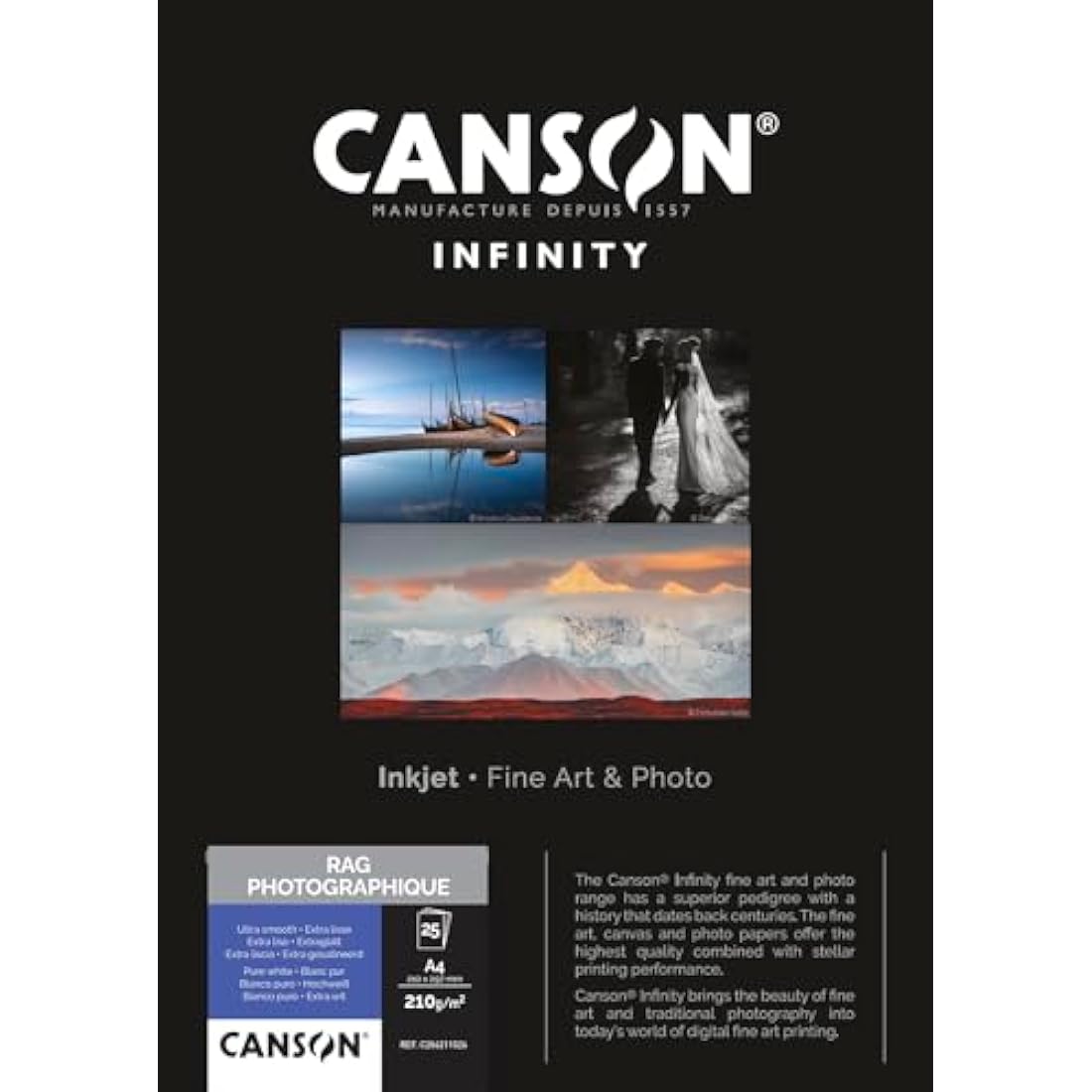 CANSON Infinity Rag Photographique Ultra Smooth 210gsm A4 Paper, Digital Fine Art Reproduction, 25 Pure White Sheets, Ideal for Professional Photographers