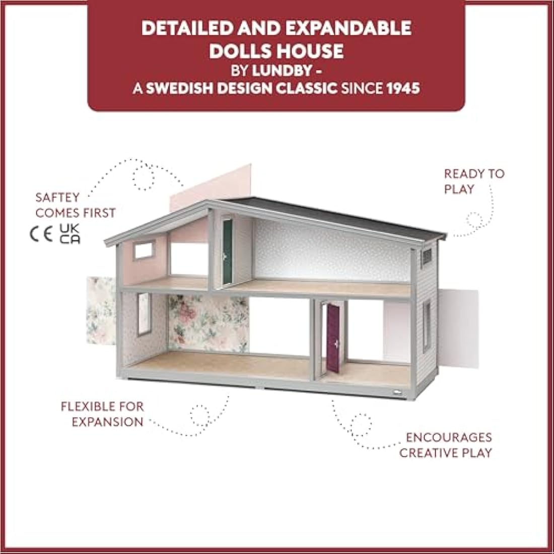 Lundby Dolls House – Expandable Doll House for Boys and Girls – Kids 2 Storey Dollhouse with 4 Rooms, Windows and Colorful Openable Doors
