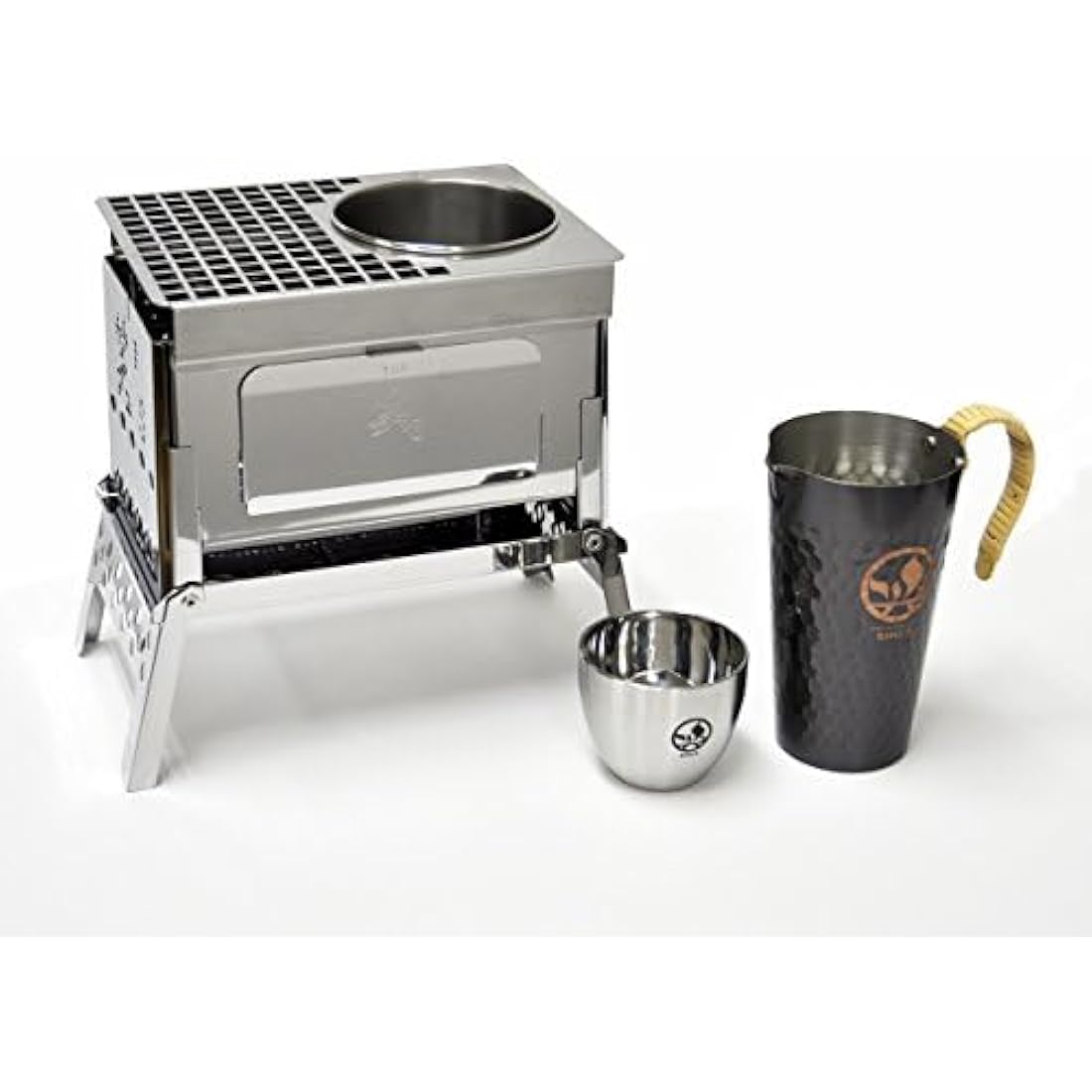 笑's Sho's B-6 Kun, Japanese compact charcoal Grill "KAN"(hot sake) Grill set, foldable hibachi, drink warm & grill plate, carafe, cup