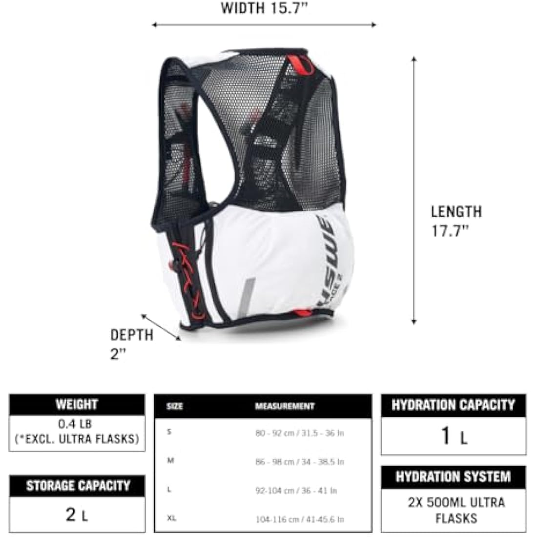 USWE Pace 2L Running Vest Hydration Pack with 2 x 500ml UltraFlask, Backpack for Men and Women, White Black, L-XL