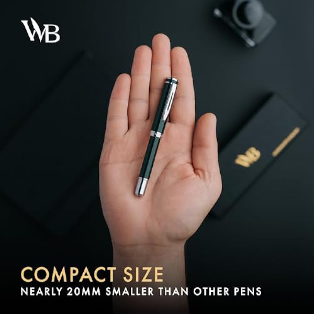Wordsworth and Black Fountain Pen Mini EDC: Luxury Green Heavy Pocket Pen, Chrome Finish, Medium Nib, 6 Ink Cartridges, Ink Converter, Travel Refillable Writing Pen Gift Set, Men & Women