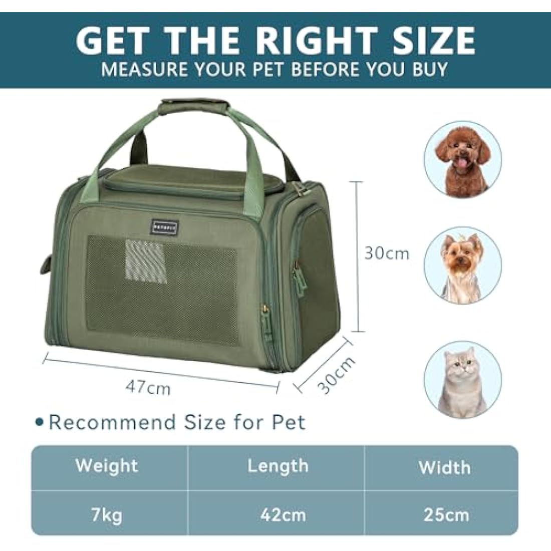 Petsfit Dog Carrier Soft Sided Travel Carrier, Lightweight Travel Use Pet Carrier for Small Dogs and Cats, with Expandable mat, Upgraded Large Space Soft Sided Pet Cat Carrier, Olive Green