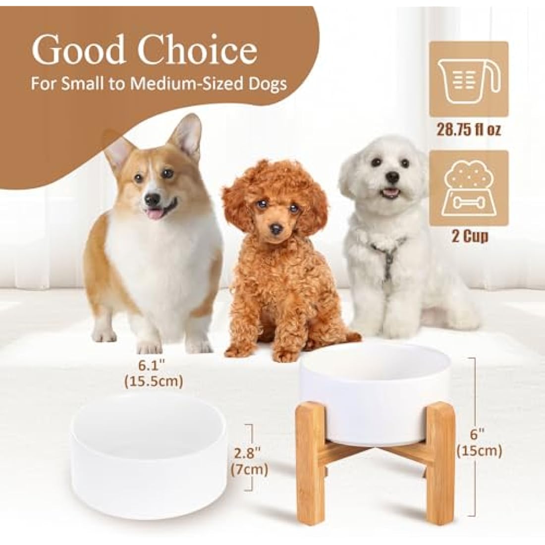 White Ceramic Elevated Raised Dog Bowls - Dog Food Dish with Stand - Double Raised Dog Food and Water Bowls Anti Vomiting - Pet Bowl with Anti Slip Rubber pad - Stress Free for Medium Dogs -set of 2
