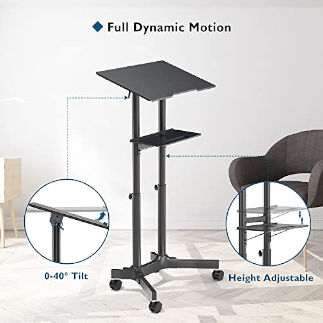 BONTEC Adjustable Mobile Laptop Desk, Rolling Stand-Up Desk with Wheels, 60x40 cm Height Adjustable, Portable Podium, Ergonomic Tilted Top Platform, Mobile Workstation for Home Office