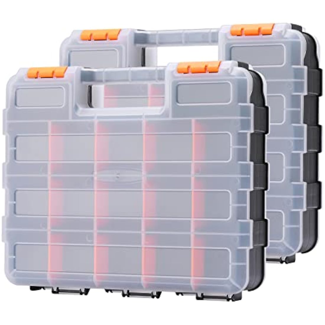 CASOMAN Double Side Tool Organizer, with Impact Resistant Polymer and Customizable Removable Plastic Dividers, Hardware Box Storage, Excellent for Screws,Nuts,Small Parts, Black/Orange. 2-Pieces Pack