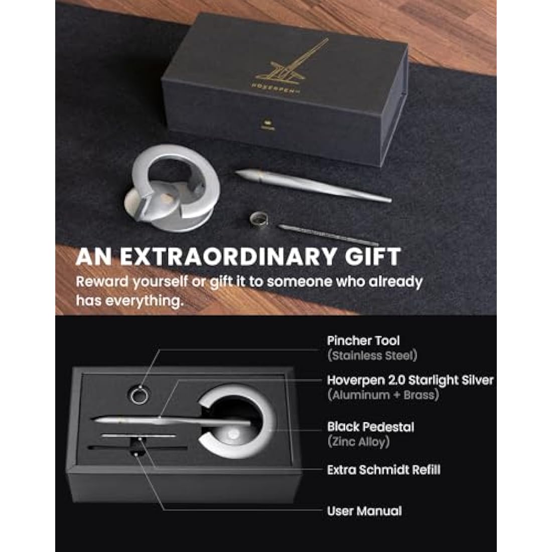 novium Hoverpen Interstellar Edition - Luxury Pen Made With Aerospace Alloys, Unique Aesthetic, Free Spinning Executive Pen, Desk Decor, Best Boss Gifts for Women (Starlight Silver, 18K-Gold)
