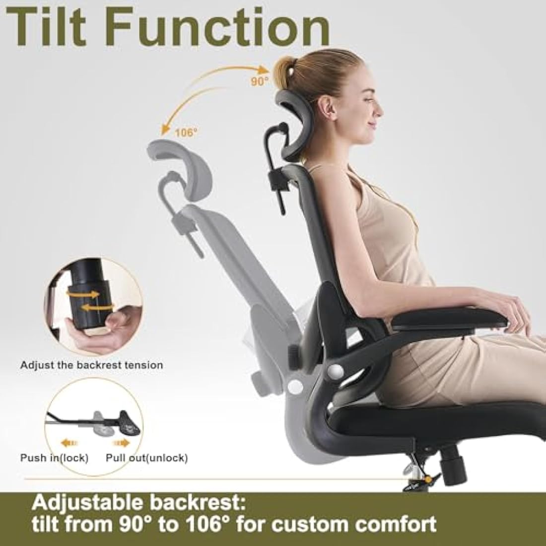 TONFARY Ergonomic Office Chair - High Back Mesh Design with Adjustable Lumbar Support, Flip-Up Armrests, Removable Headrest & 360° Swivel - Space-Saving for Home, Work, or Gaming - Black
