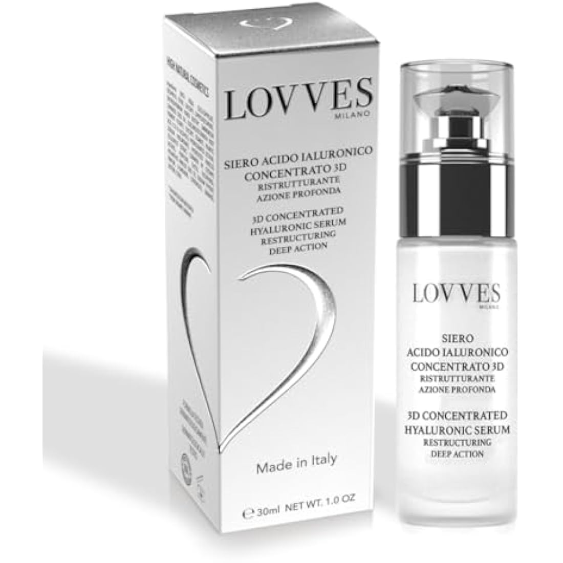 LOVVES 3D Concentrated Hyaluronic Acid Serum, High Natural Cosmetics, Restructuring Deep Action, Anti-Aging, Anti-Wrinkle, Moisturizing, Format 30ml Glass Bottle