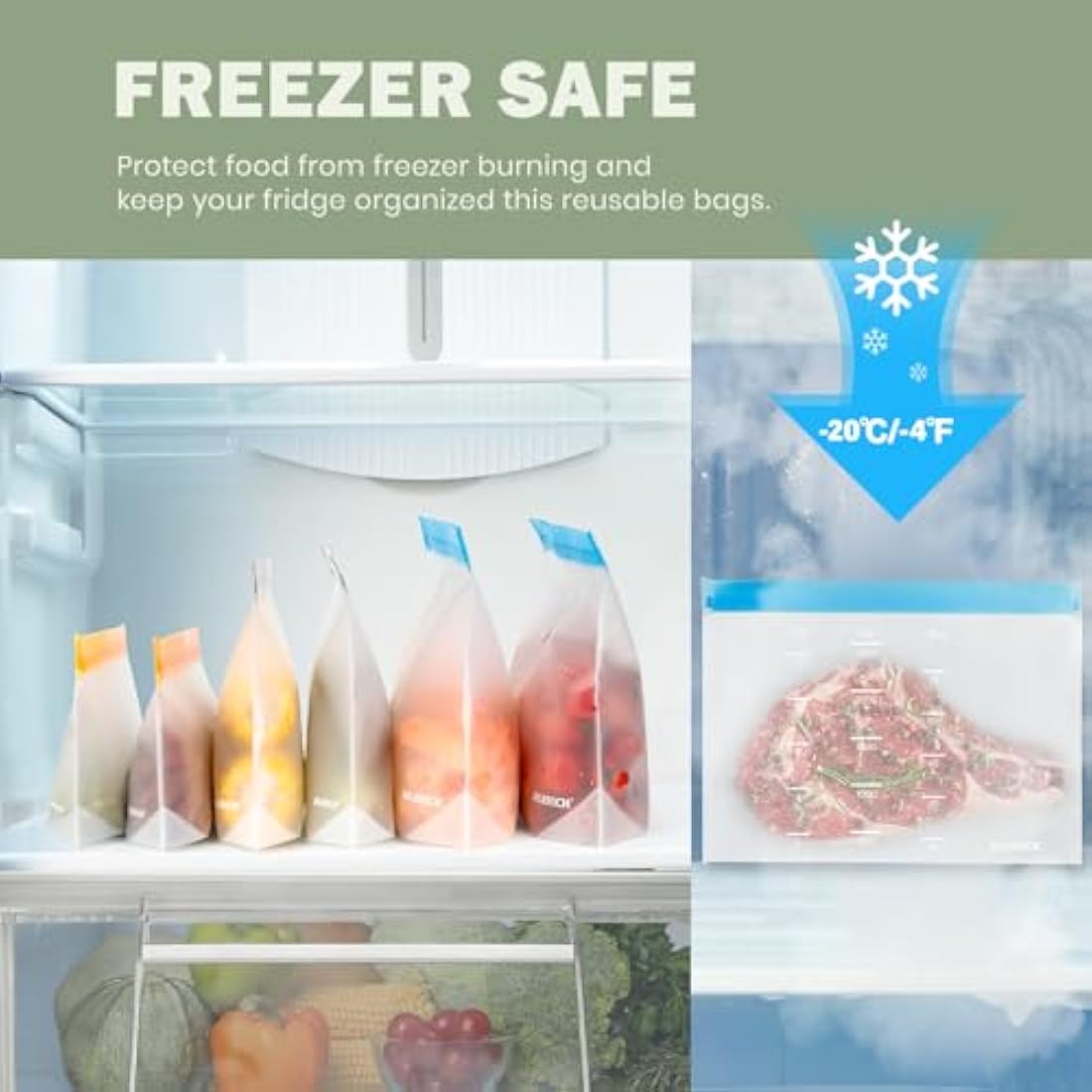 IDEATECH 20 Pack Reusable Freezer Bags, BPA Free Sandwich Bag, Reusable Silicone Food Storage Bag Leak Proof Airtight Container for Lunch, Snacks, Fruits and Vegetables