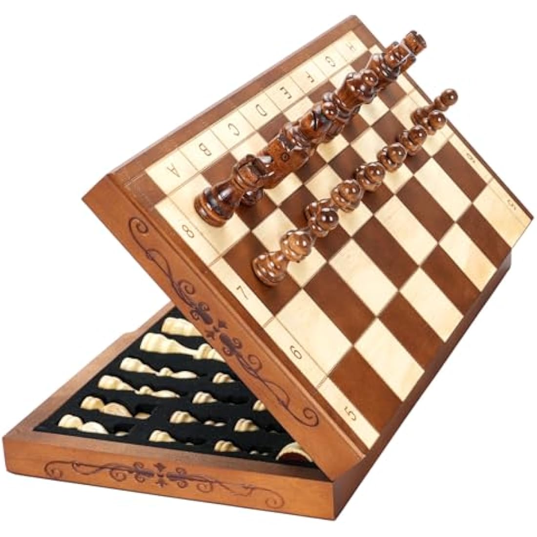 Syrace Magnetic Chess Set Board Games, Kids and Adults Wooden Foldable Hand Carved Portable Travel Chess Board Game Sets with Game Pieces & Storage Slots 15.74" (luxurious Magnetic Chess)