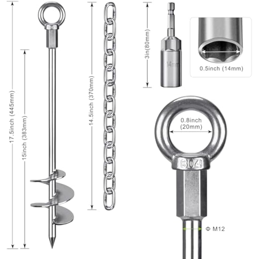 Insaga Tent Peg, 45cm Heavy Duty Ground Anchor Large Metal Earth Stake Spiral Blade Screw in Trampolines Spike for Swing Set/Camping/Shed/Dog/Carport with 37cm Fixed Chain, 4 Pack