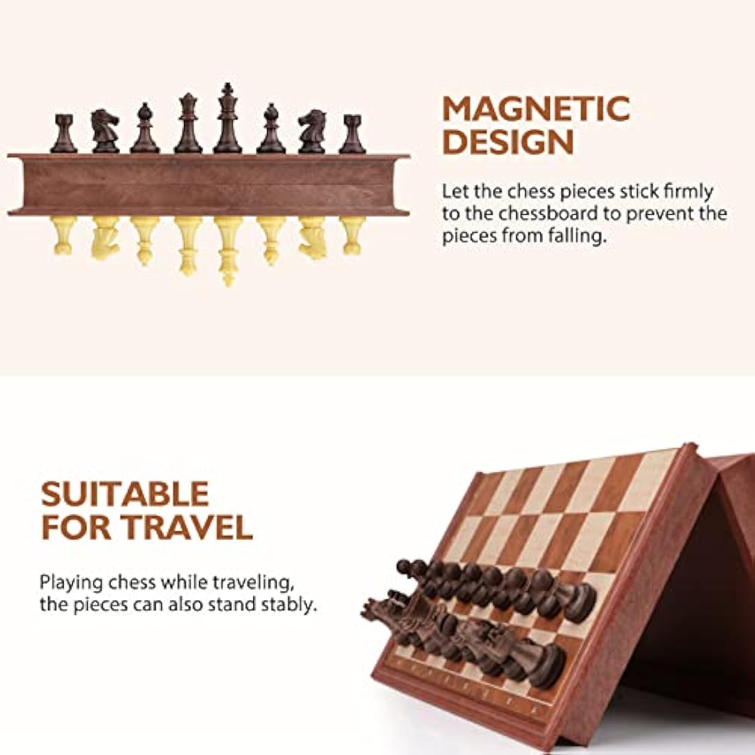 Peradix Chess Set and Draughts Board Games 2 in 1 | Magnetic Chess Checkers Board Toys | Travel Folding Board and Chess Piece for Kids and Adult (25x25cm), Brown