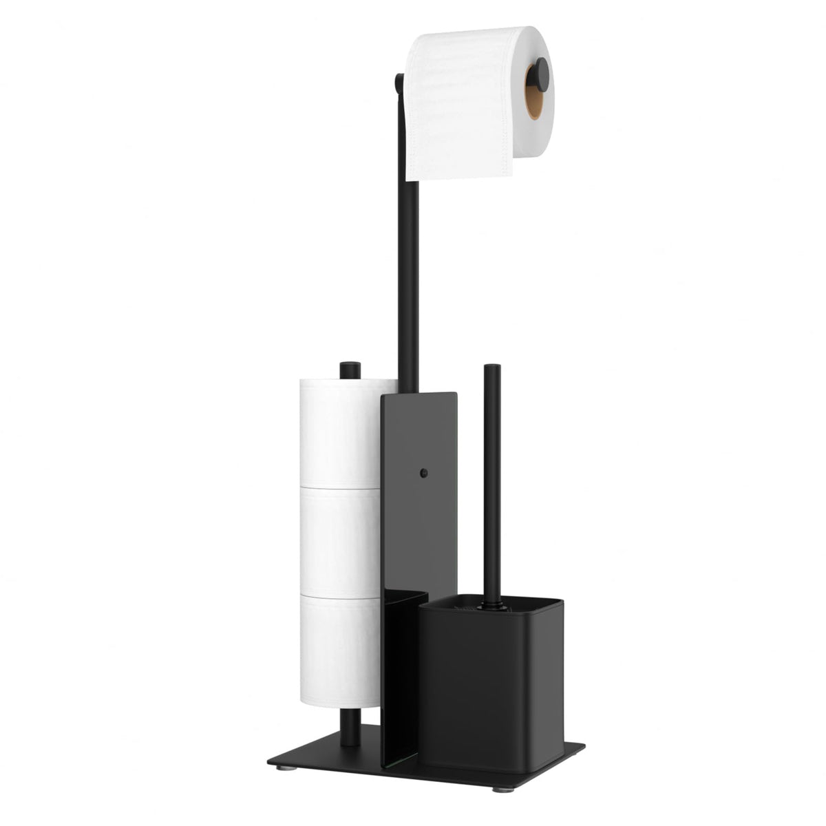 susswiff Toilet Roll Holder with Brush - Stainless Steel Free Standing Glass Baffle, Paper and Brush, Matte Black (BSP-1483)