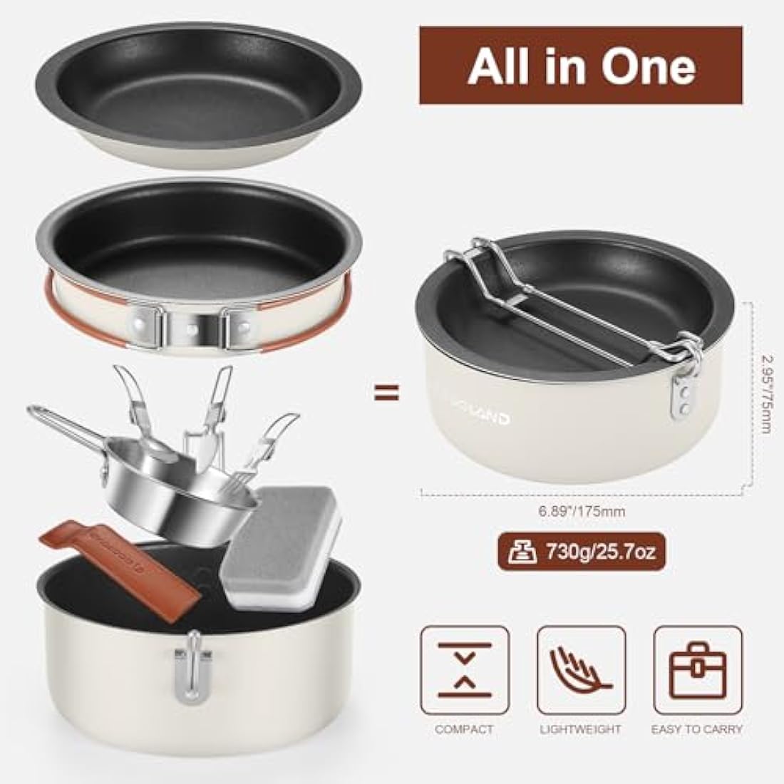 Odoland 10 pcs Camping Cookware Set, Non-Stick Lightweight Cooking Set with Plates Bowls Forks Knives and Spoons - Perfect for Backpacking, Camping, Hiking and Picnicking Milk White