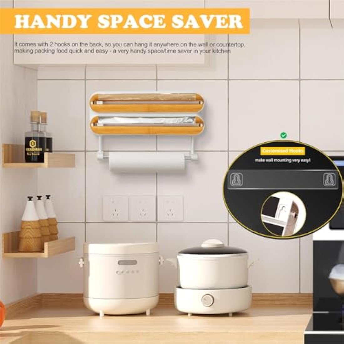 Magnetic Cling Film Dispenser and Cutter - Advanced 3-in-1 Wall-Mounted Kitchen Roll Holder, Quasziwa Refillable Cling Wrap & Aluminium Foil Dispenser with Paper Towel Holder - Fits 12" Roll, White