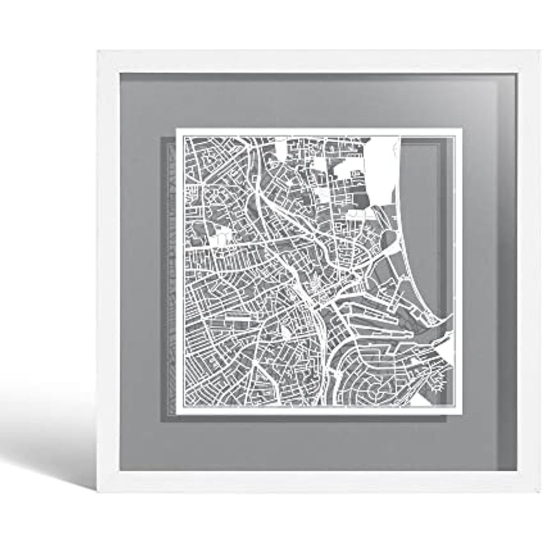 O3 DESIGN STUDIO Aberdeen Paper Cut Map framed, White map, White frame, 23x23 cm, Gift Boxed, 4 background color, self-changing, Paper Art