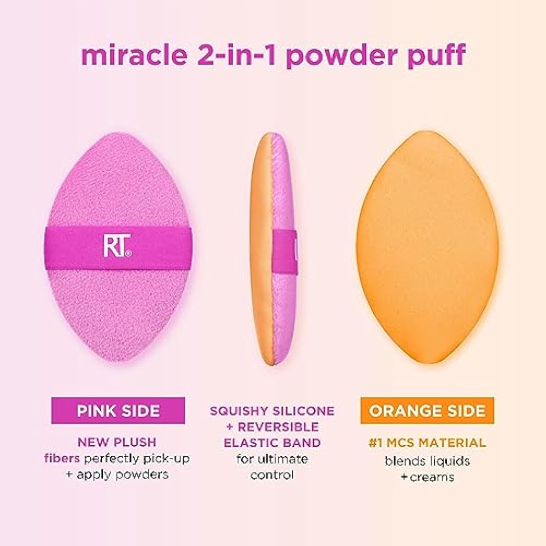 Real Techniques Miracle 2-In-1 Powder Puff, Dual-Sided, Full-Size Makeup Blending Puff, Reversible Elastic Band, Precision Tip Makeup Sponge and Powder Puff, For Liquid, Cream and Powder, 1 Count