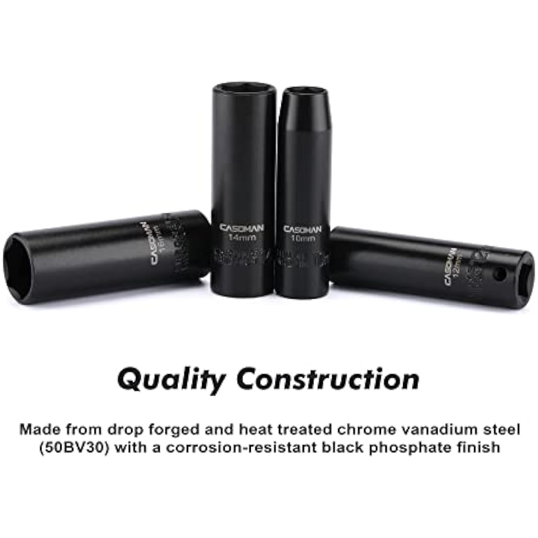 CASOMAN 3/8-Inch Drive Impact Socket Set, 6-Point, Metric, Deep, CR-V, 7mm to 19mm, 13 Piece Set